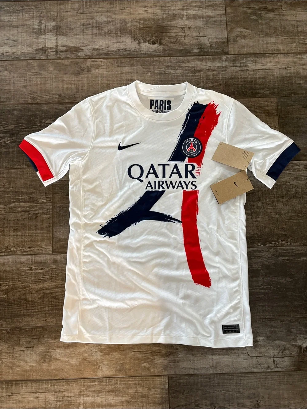 Nike White PSG Home Jersey with Red & Navy Brush Accents